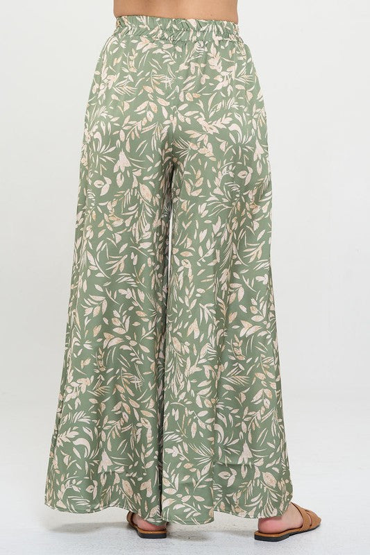 Satin Floral Print Wide Leg Pants with Pockets
