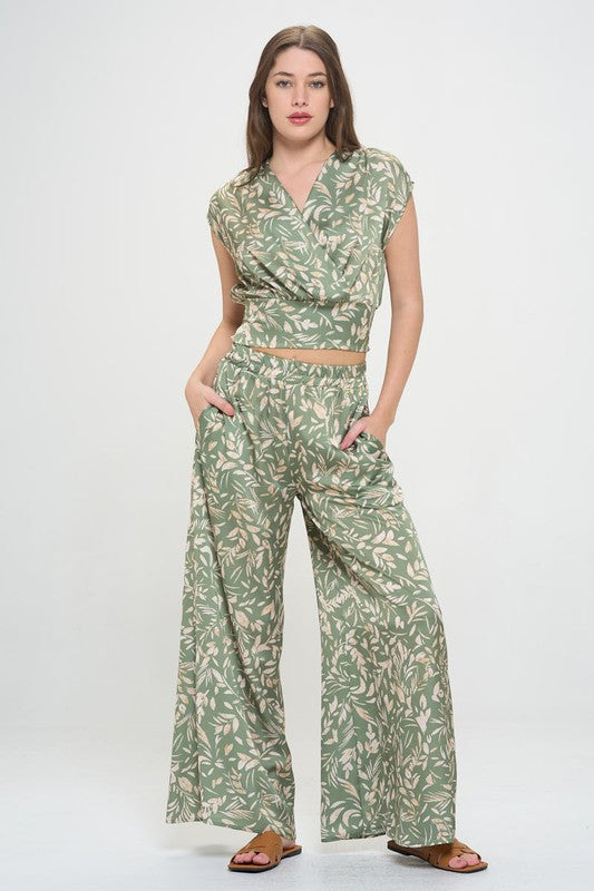Satin Floral Print Wide Leg Pants with Pockets