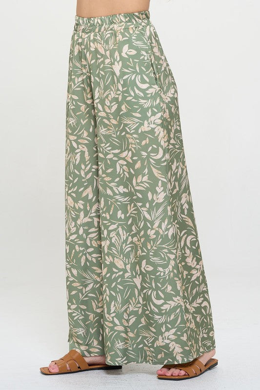 Satin Floral Print Wide Leg Pants with Pockets