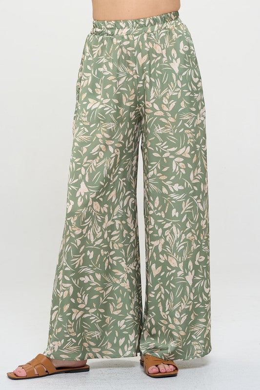 Satin Floral Print Wide Leg Pants with Pockets